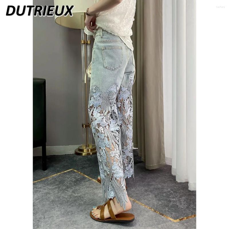 Womens Jeans Fashion Lace Stitching Wide Leg High Waist Casual Denim Pants Summer Slimming Straight-Leg Trousers