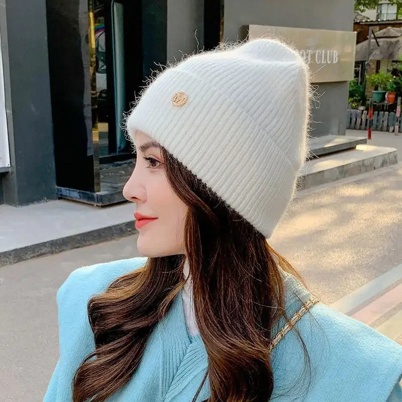 Womens wool winter hat thick cotton lining beanie hat gorilla rabbit skin womens hat Skulls solid cashmere womens hat 240924