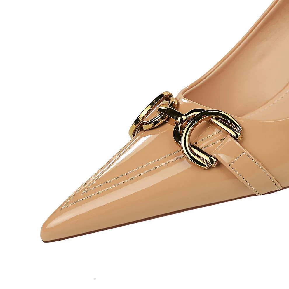 Women 7cm 10cm High Heels Wedding Bridal Replica Pumps Lady Scarpins Metal Chain Buckle Low Heels Stiletto Nude Green Prom Shoes 240924