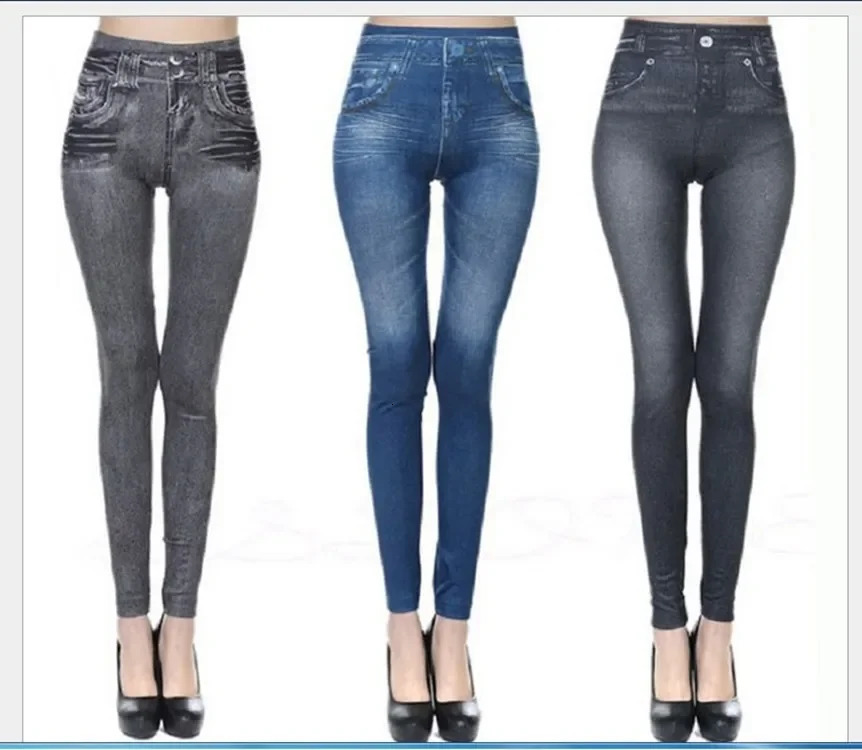 Legging Fashion Faux Denim Jeans Leggings Sexy Long Pocket Printing Summer Casual Pencil Black Pants Plus 240924