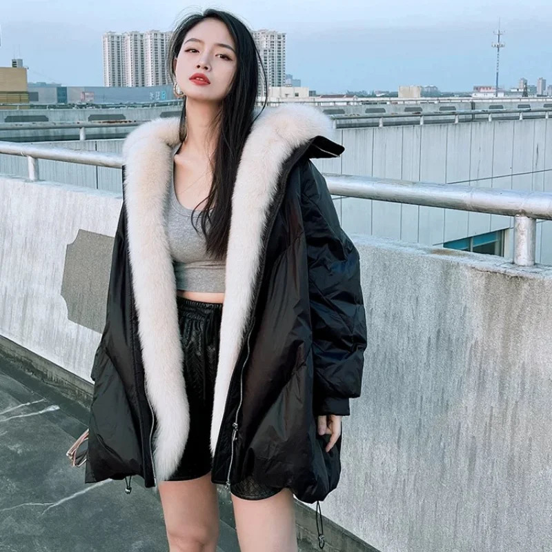 Womens Down Jacket Coat Fox Fur Collar Fashion Park Thickened Warm Medium Length Winter Coat Womens 240926
