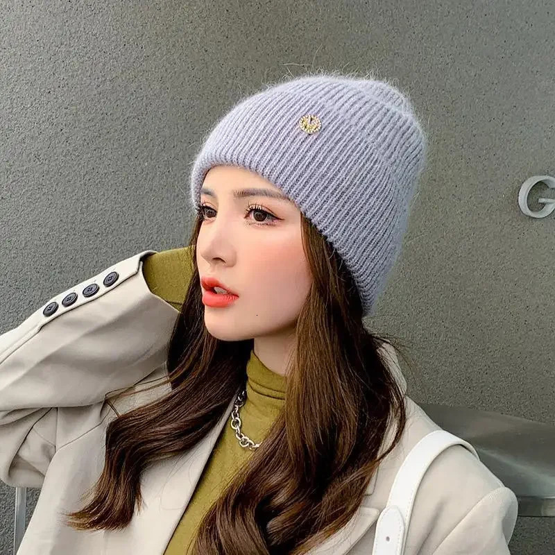 Womens wool winter hat thick cotton lining beanie hat gorilla rabbit skin womens hat Skulls solid cashmere womens hat 240924