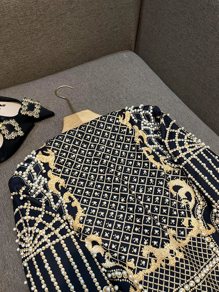 Fine Workmanship Beads Women Coat Retro Printed V-neckline Hidden Snap Ladys Fall Winter Blazer 240920