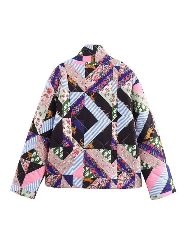 KEYANKETIAN 2024 AutumnWinter Womens Geometric Totem Print Quilted Outwear Jacket Retro stylePockets Oversize Short Coat 240927