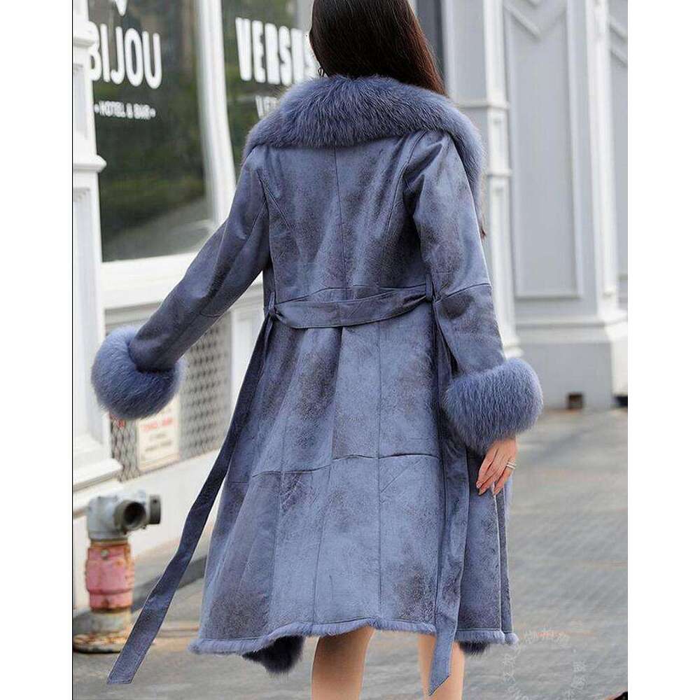 2021 New Real Double Face Rabbit Fur Coat Women's Mid-Length Winter Close-Fitting Leather Fox Fur Collar Cuffs Fur Garments
