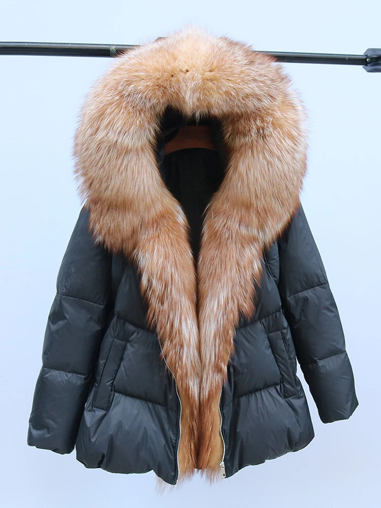winter womens natural fox fur collar thick jacket hooded duck down jacket jacket womens loose fit 240926