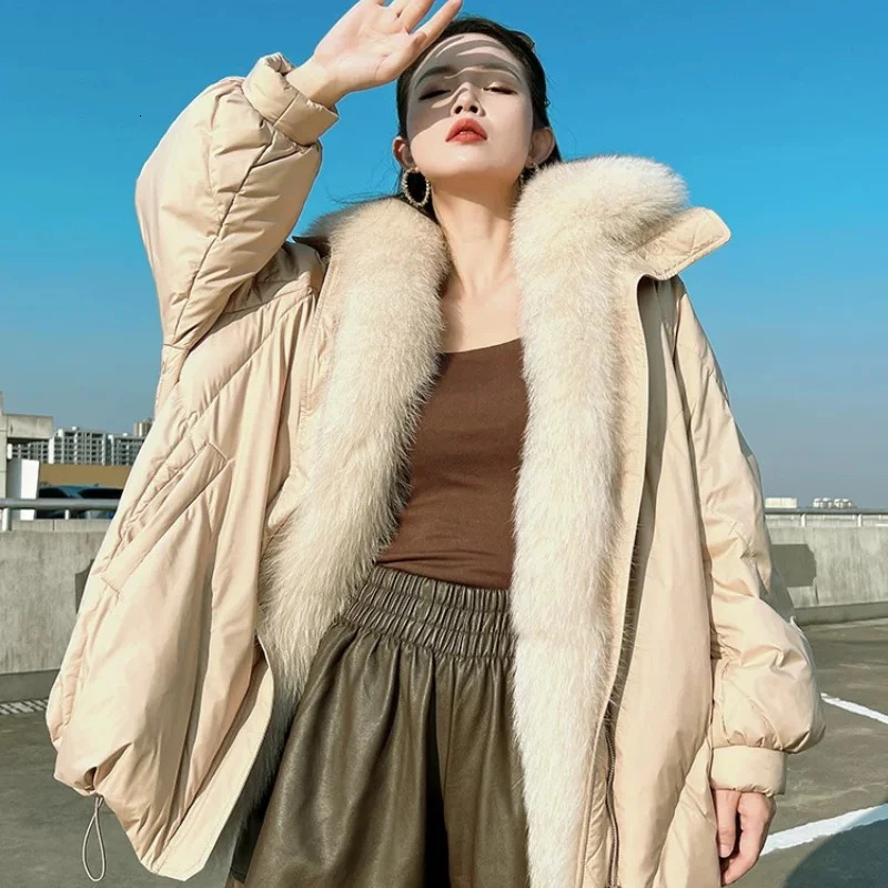 Womens Down Jacket Coat Fox Fur Collar Fashion Park Thickened Warm Medium Length Winter Coat Womens 240926