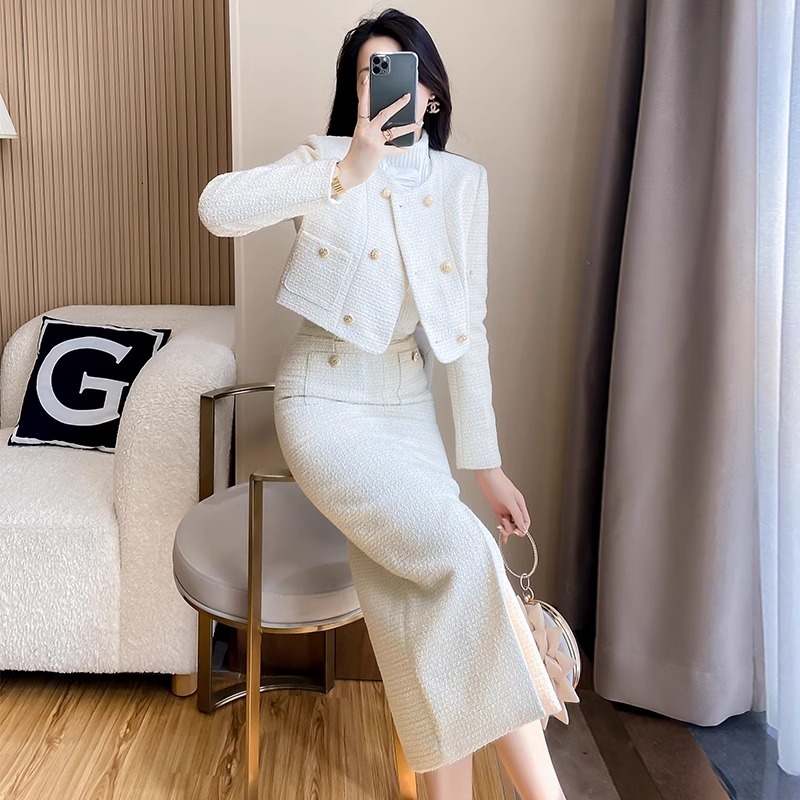 Small Fragrance Coarse Tweed Two-Piece Set Womens Elegance Temperament O-Neck Short Coat+Split Skirts Spring Autumn Suits New