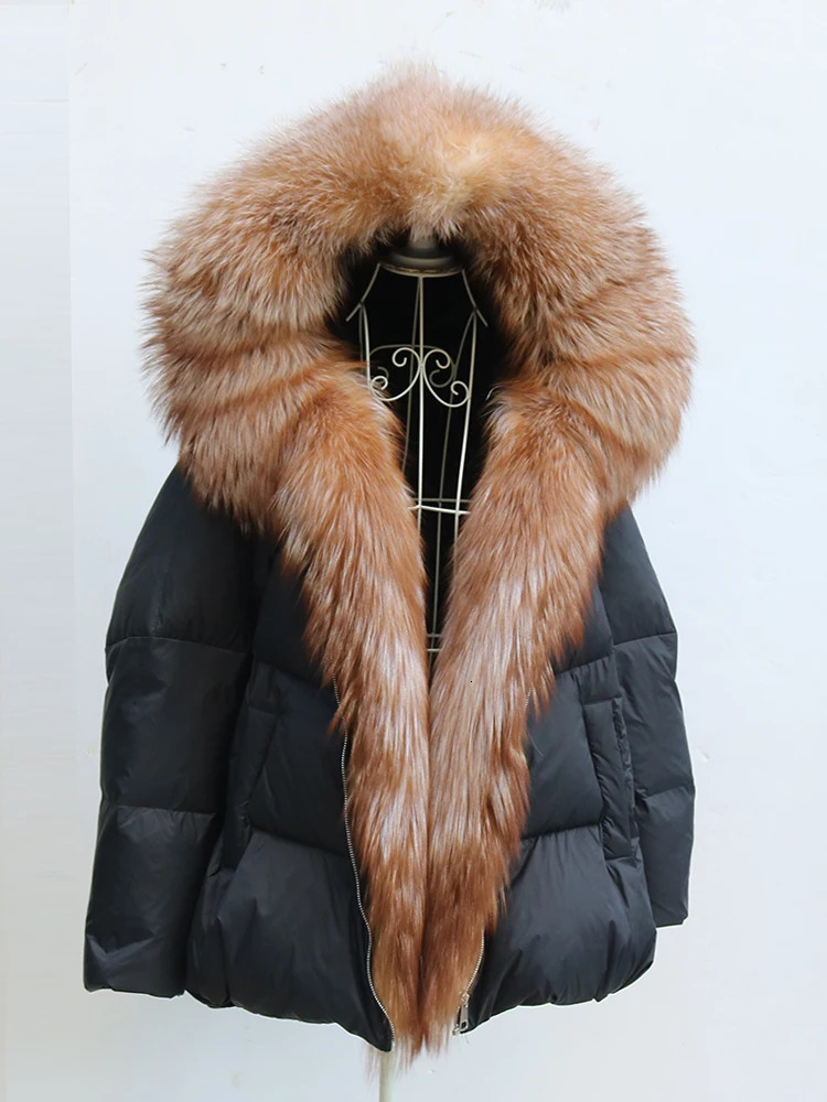 winter womens natural fox fur collar thick jacket hooded duck down jacket jacket womens loose fit 240926