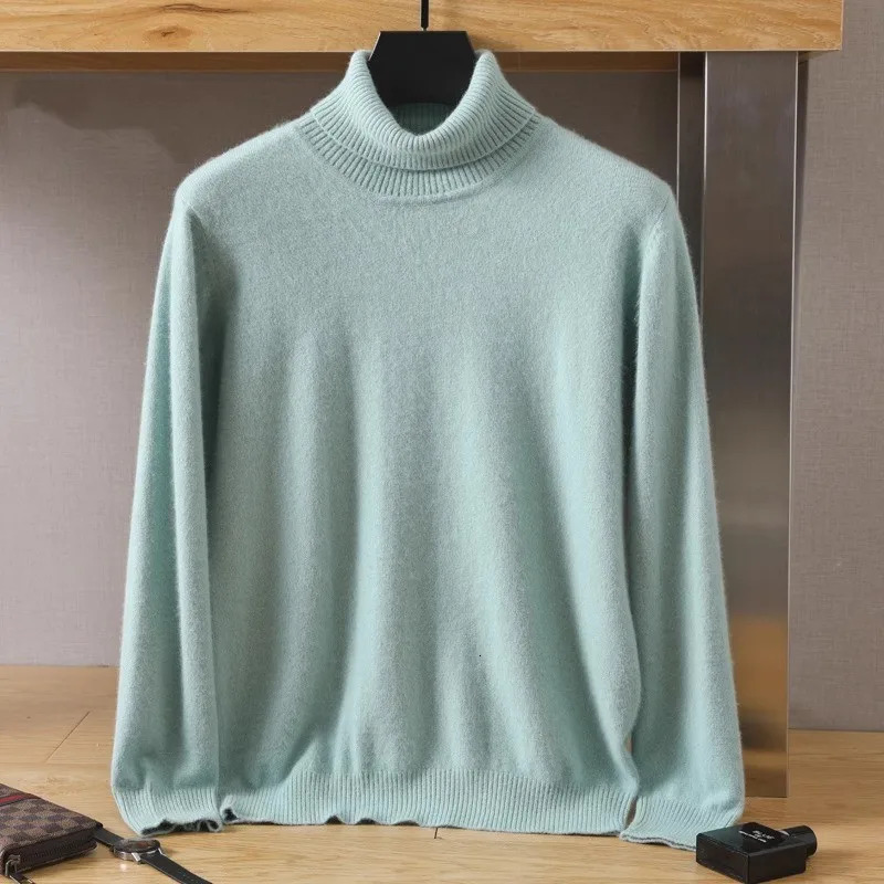 Mens 100% pure mink velvet cashmere sweater high collar knitted winter top long sleeves high-end jumper 240930