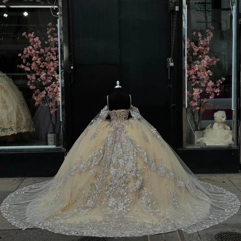 Champagne Off The Shoulder Princess Ball Gown Quinceanera Dresses Classic Applique Lace Sequin With Cape Sweet 16 Dress Vestidos 15 Anos