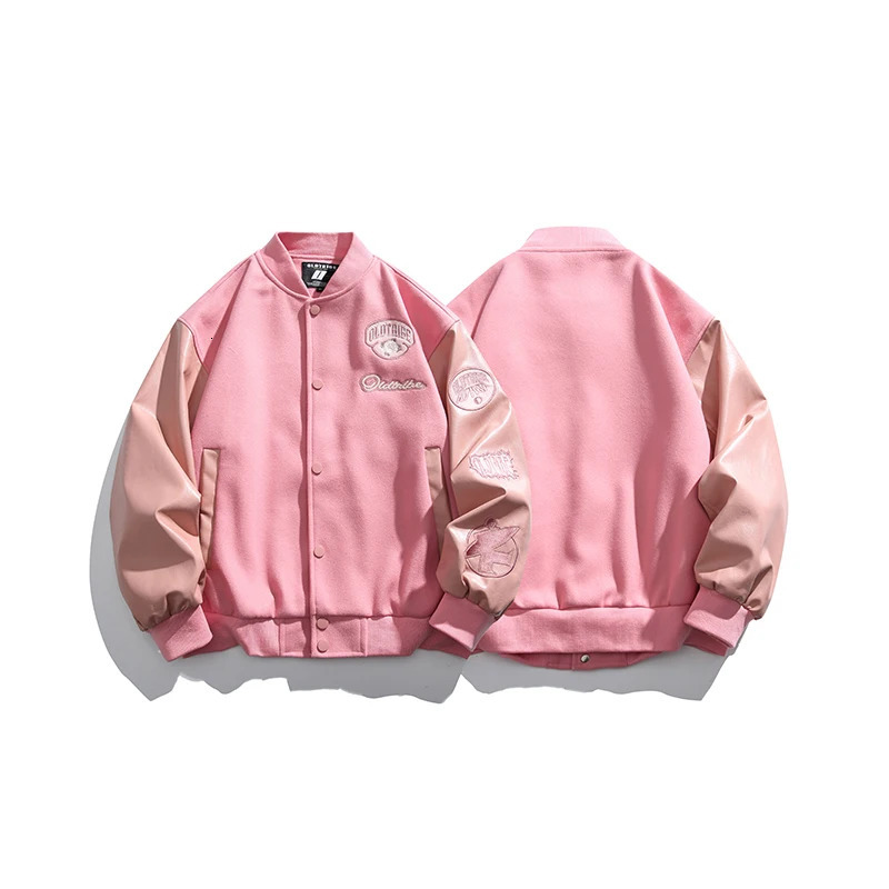 CALESECT Extra Large Pink Leather Baseball Jacket Womens University Retro Jacket Harajuku Street Clothing Mens Clothing 240929