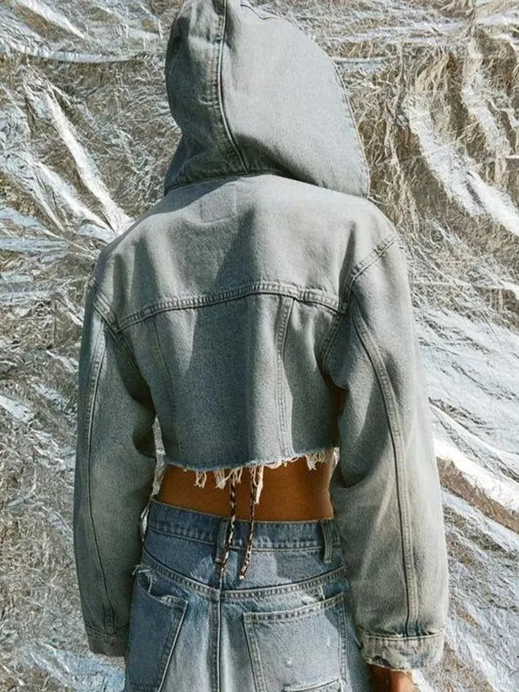 TRAF2024 spring and summer European American style short hooded longsleeved denim jacket casual fashion 240927