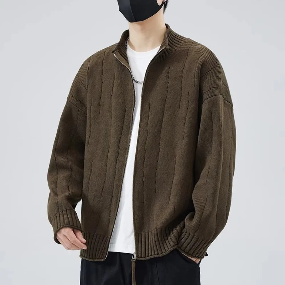 Mens cardigan sweater spring summer Korean style full zipper vertical collar casual knitted sweater mens trend top 240930