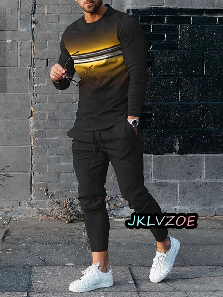 Trouser 2-Piece Spring Mens Street Clothing Long Sleeve T-Shirt Sports Pants Jogging Set 240927