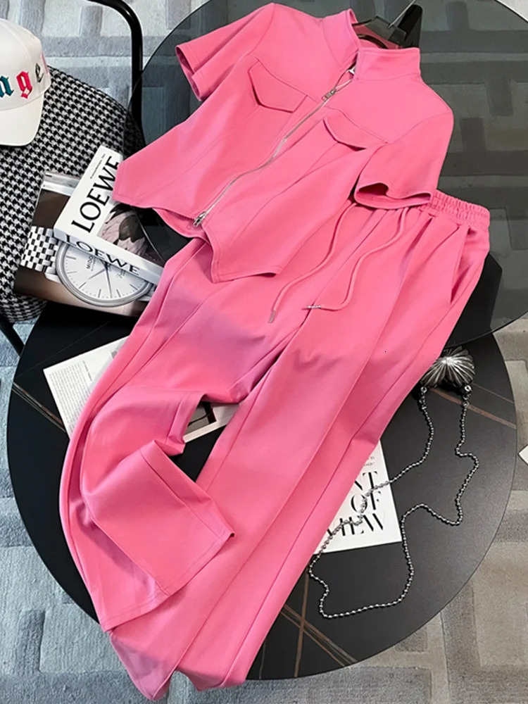 Fashion Pink Trousers Womens Two Piece Set Summer Short Sleeve Zipper TopElastic Waist Casual Pants Sport Black 240930