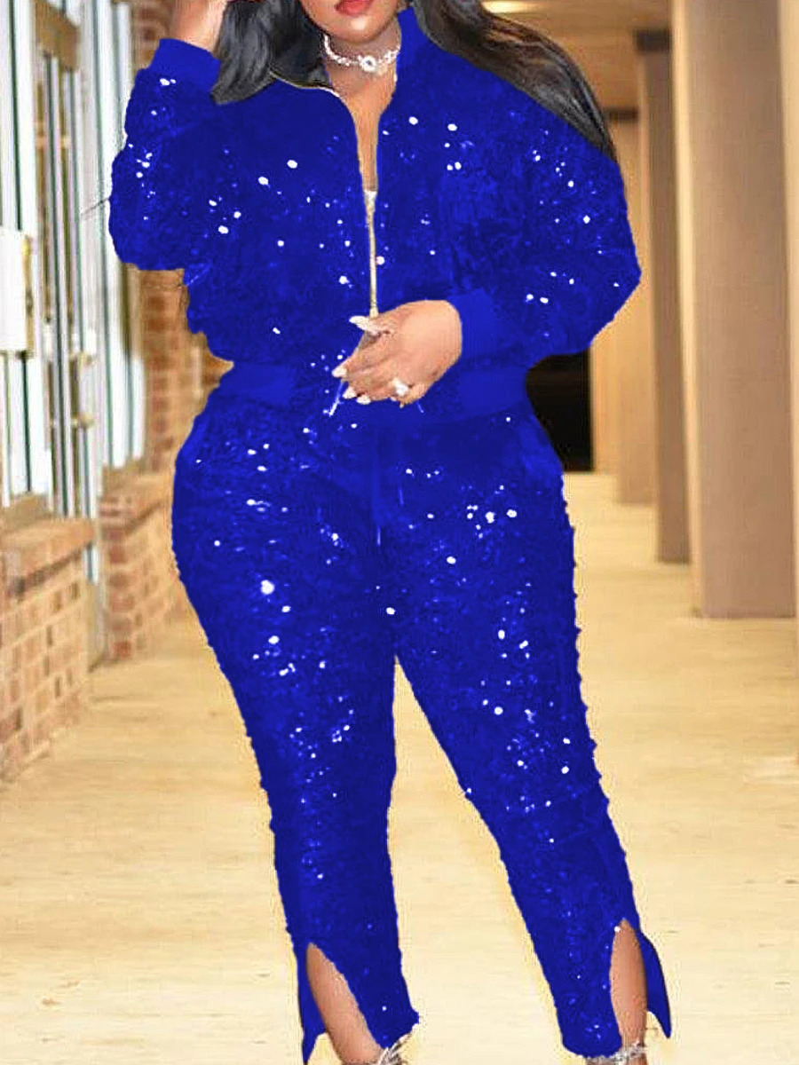 LW Plus Size Two Piece Velvet sequin Zipper Top and Pants Set Fashion Party Evening Dress Womens Set 240930
