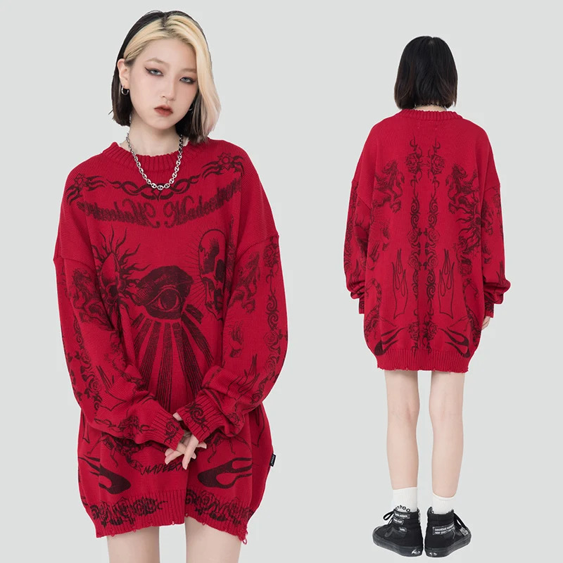 Hip Hop Knitted Sweater Street Clothing Rose Eye Scorpion Print Tear Pull Mens Harajuku Cotton Casual Autumn Sweater Skull 240924