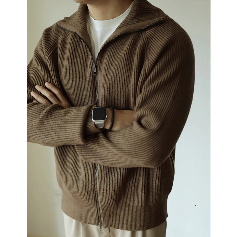 Autumn Clothing Men's Knitted Stand Collar Cardigan Casual Streetwear Solid Color Long Sleeve Knitwear Retro Jacket M-2Xl