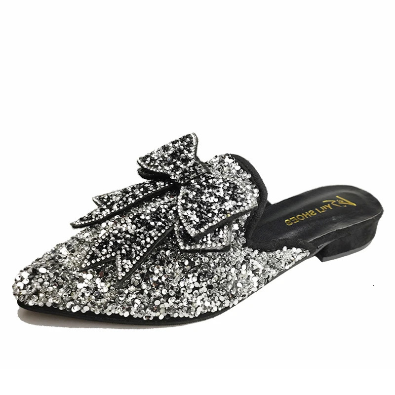 LazySeal toe New mule shoes womens crystal bow flip sequin slider 240