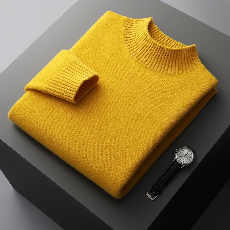 Winter double thick mens cashmere sweater semi high neck high-end warm wool knitted bottom sweater 240927
