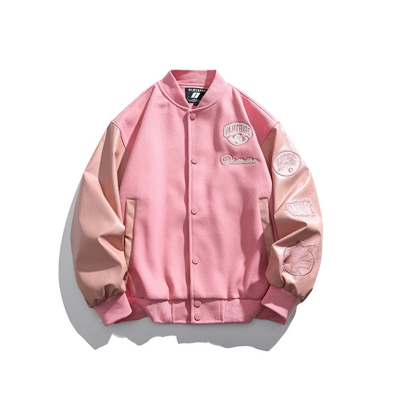 CALESECT Extra Large Pink Leather Baseball Jacket Womens University Retro Jacket Harajuku Street Clothing Mens Clothing 240929