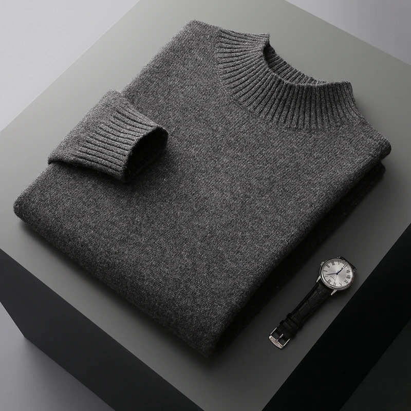 Winter double thick mens cashmere sweater semi high neck high-end warm wool knitted bottom sweater 240927