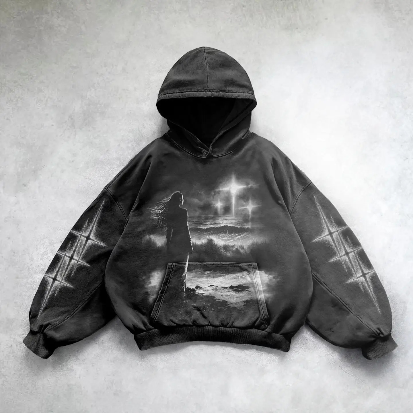 Y2K Print Hoodies Men Black Oversized Loose Vintage Acid Wash Hooded Sweatshirt Women Goth Harajuku Cotton Long Sleeve Pullover 240929