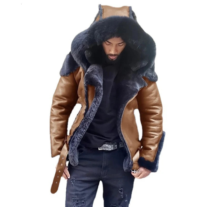 Black fur collar thick wool lining mens leather jacket street fashion warm and windproof jacket 240929