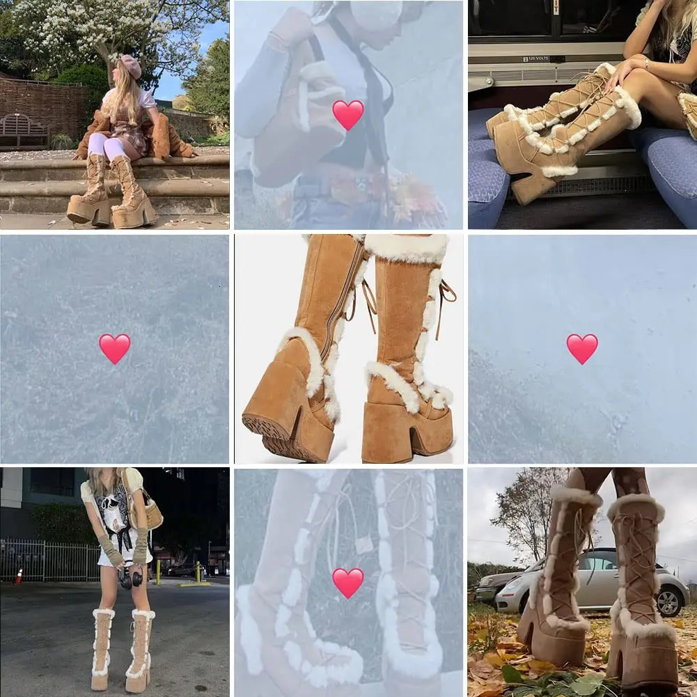 RIBETRINI Punk Gothic Womens Fur Halloween Role Playing Short and Fat Heels Platform Shoes Knee High Party Warm Boots 240927 4