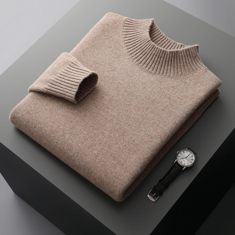 Winter double thick mens cashmere sweater semi high neck high-end warm wool knitted bottom sweater 240927