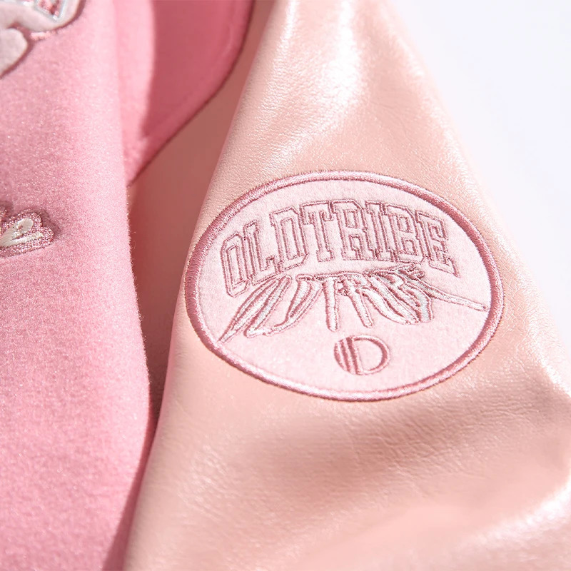 CALESECT Extra Large Pink Leather Baseball Jacket Womens University Retro Jacket Harajuku Street Clothing Mens Clothing 240929