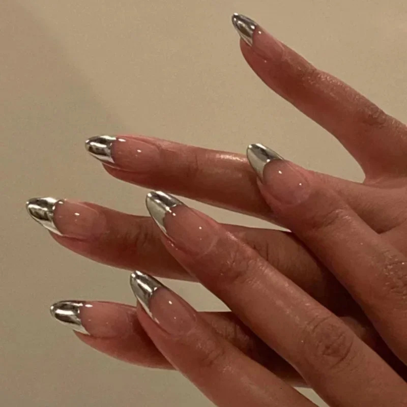 24Pcs French False Nails Almond with Glue Press on White Edge n Wearable Simple Ins Pink Stiletto Nail Tips 240929