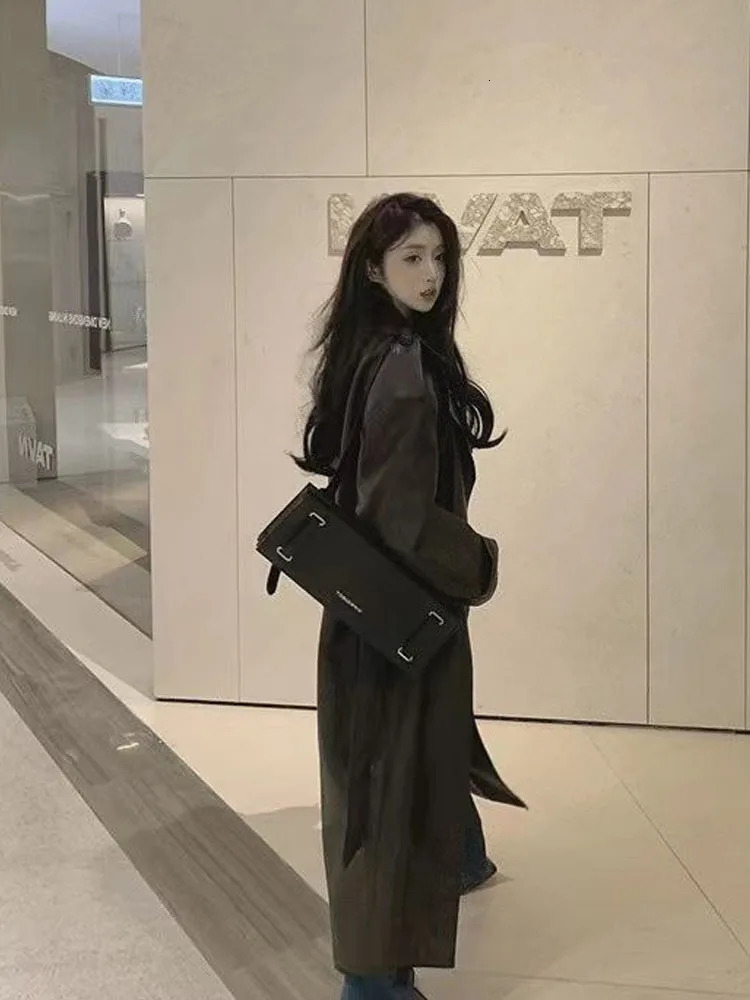 Womens spring and autumn long knee leather jacket womens trench leather jacket ultra-thin waist tied leather jacket womens jacket 240929