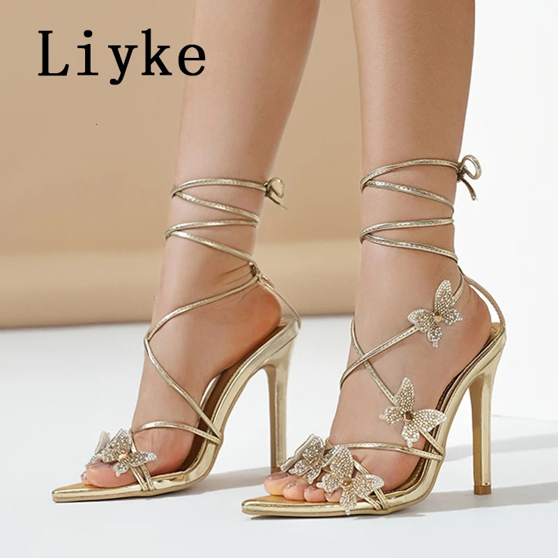 Liyke New Summer Fashion Crystal Rhie High Heels Modern Sandals Women Sexy Butterfly Narrow Band Open Toe Wedding Party Shoes 240921
