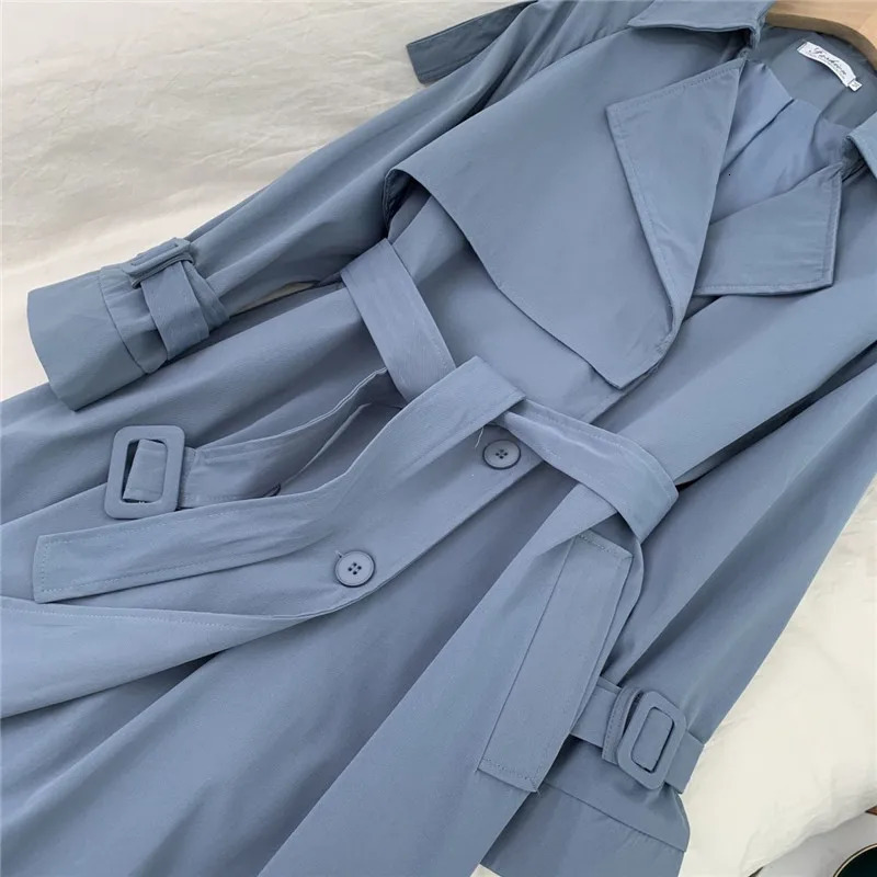 Elegant mid length womens blue trench coat with waistband collar single-layer windproof jacket spring and autumn Korean windproof 240929