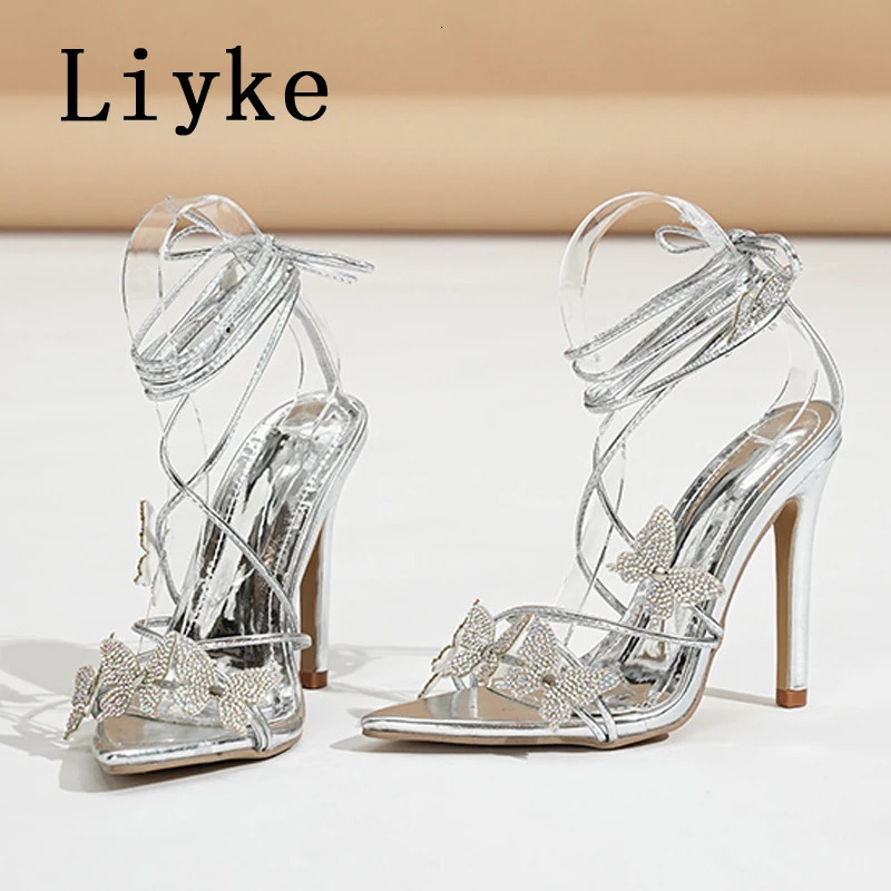 Liyke New Summer Fashion Crystal Rhie High Heels Modern Sandals Women Sexy Butterfly Narrow Band Open Toe Wedding Party Shoes 240921