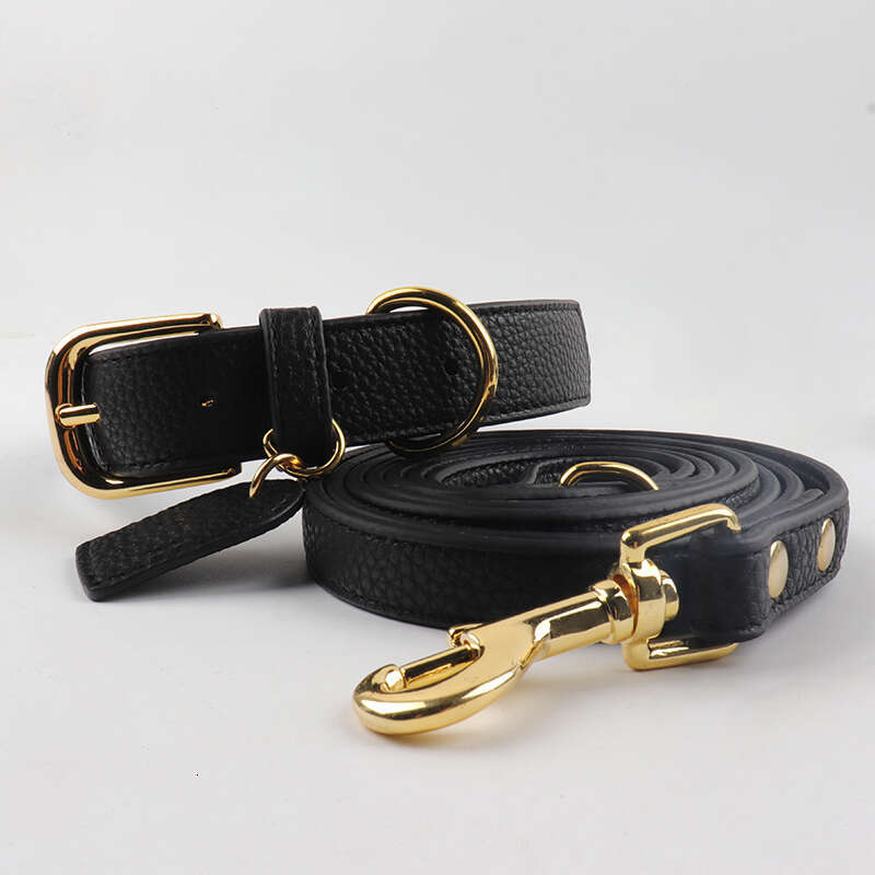 Black PU Pet Cat Softly Padded Waterproof Classic Vegan Genuine Leather Dog Collar and leader