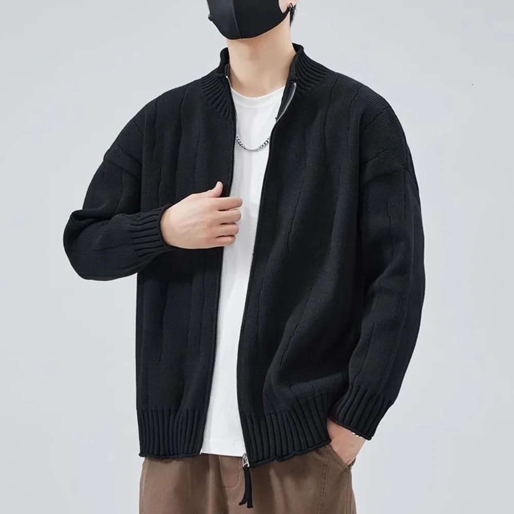 Mens cardigan sweater spring summer Korean style full zipper vertical collar casual knitted sweater mens trend top 240930