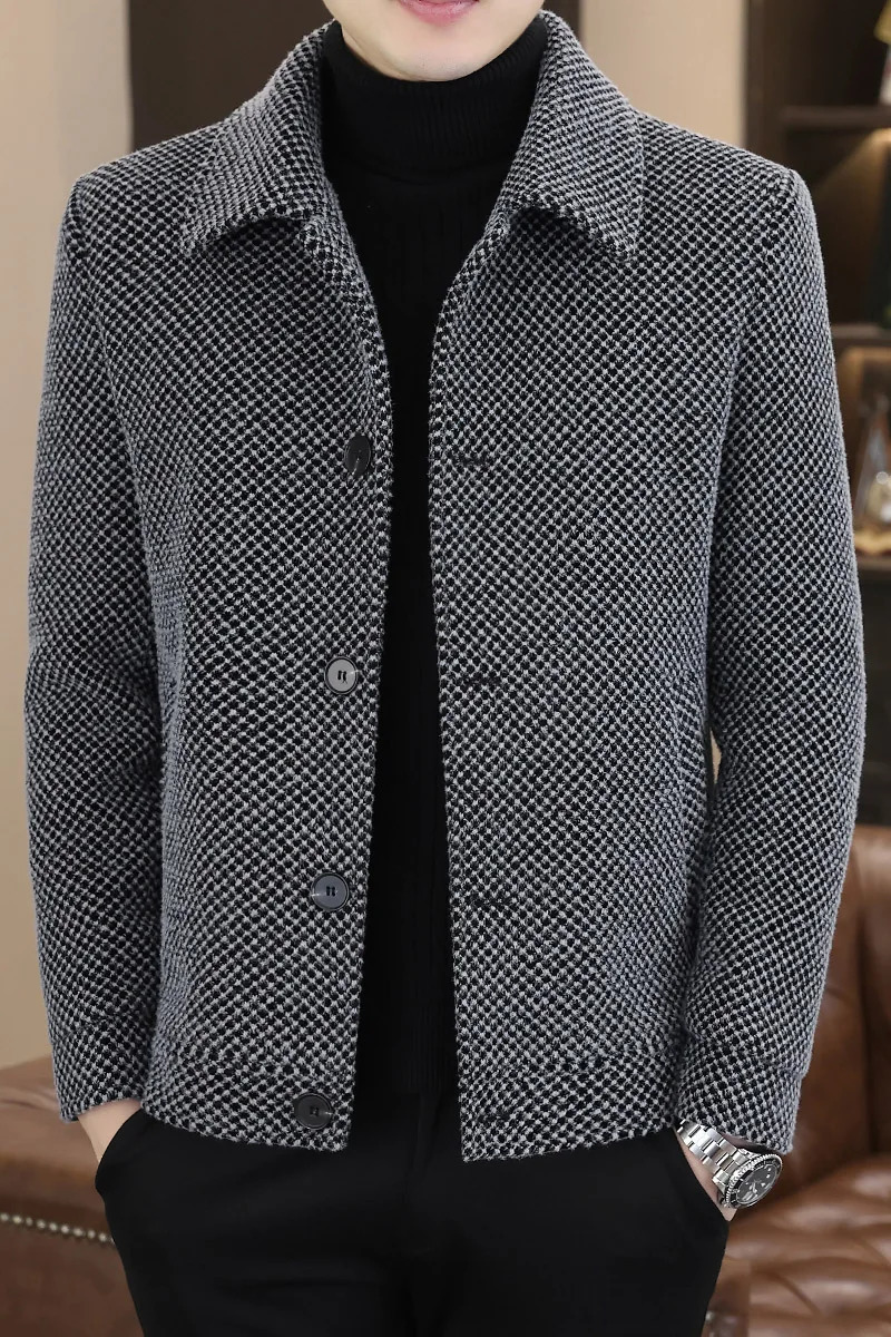 Korean winter wool jacket mens plush and warm short trench jacket plain casual business street jacket social mens clothing 240929 - view 7