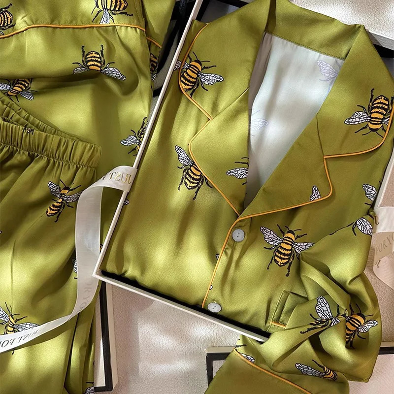 Womens Pajama Set Spring Autumn 2 Piece Bee Print Pyjama Pocket Faux Silk Satin Sleepwear Long Sleeve Pijama Mujer Pjs Homewear 240930