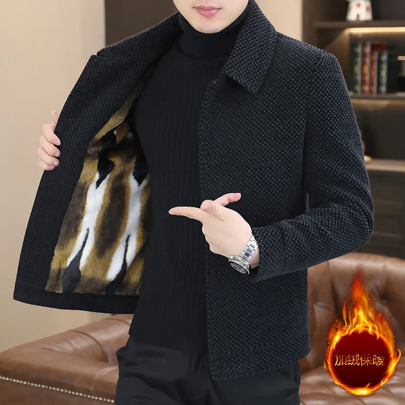 Korean winter wool jacket mens plush and warm short trench jacket plain casual business street jacket social mens clothing 240929 - view 6