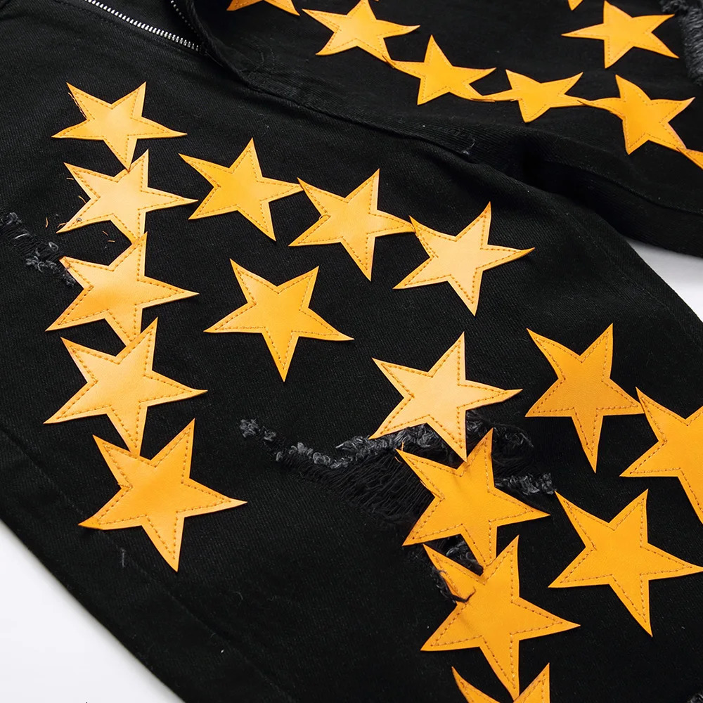 Mens leather star patch denim shorts summer loose black jeans hole torn breeze 240925