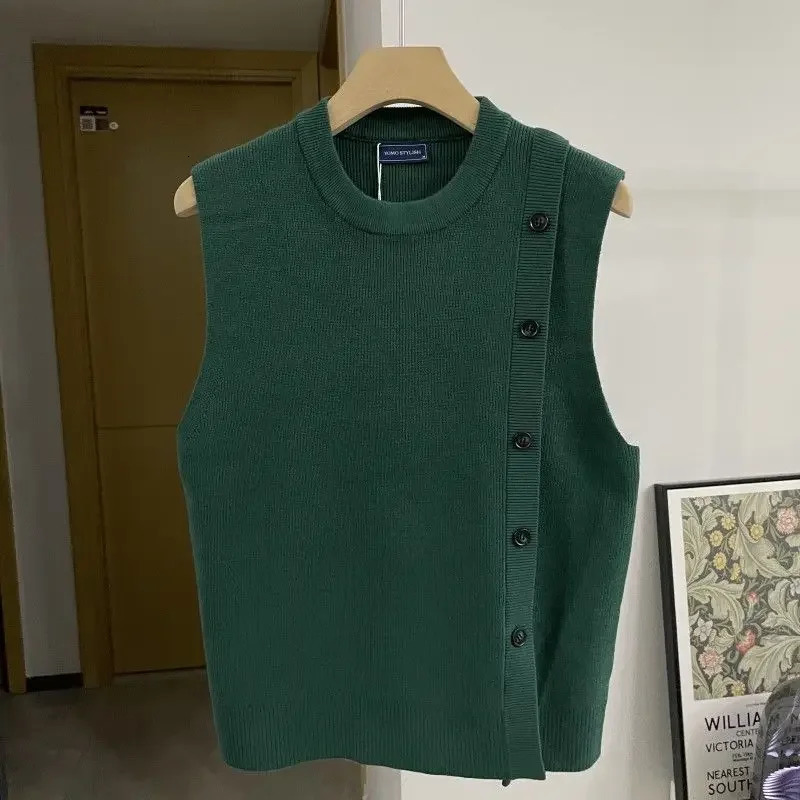 Knitted sweater mens sleeveless mens button slotted green vest 90s retro street er jacket X A 240930