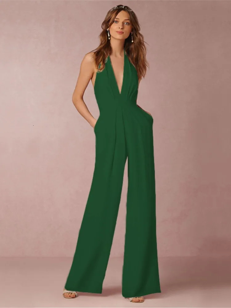 Fashion Jumpsuits For Women Sexy Deep V-neck Sleeveless Halter Neck Backless High Waist Wide Leg Jumpsuit Elegant Party Woman 240927