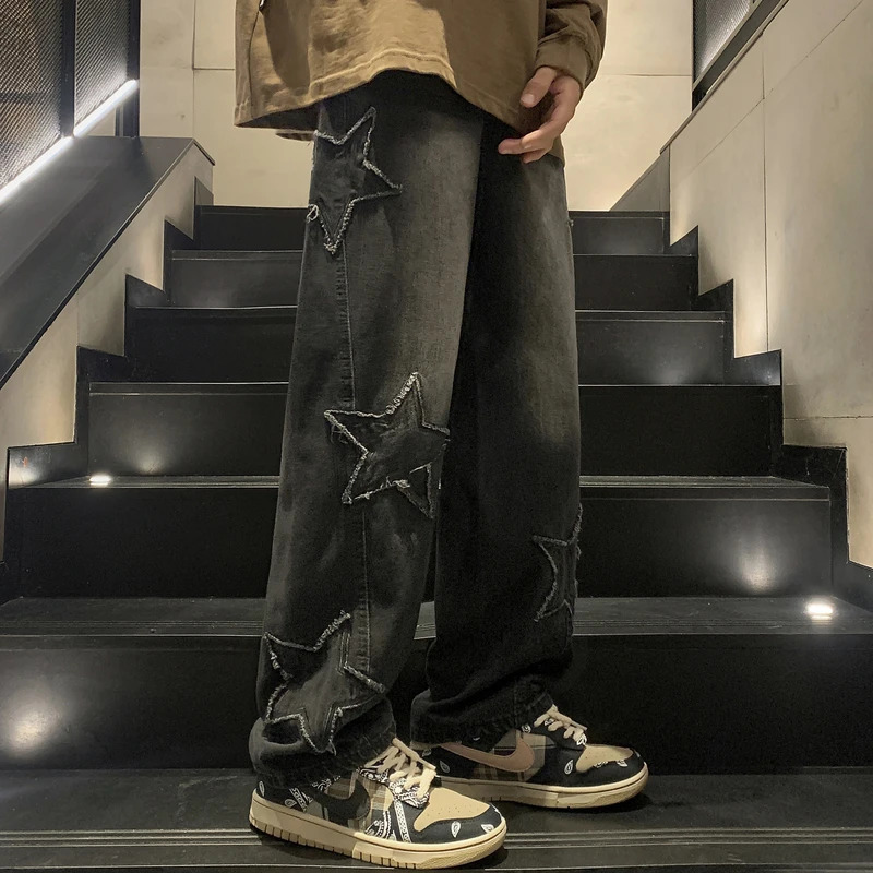 Y2K retro mens black streetwear oversized celebrity aesthetics straight three person wide leg jeans Alt denim pants womens clothing 240930