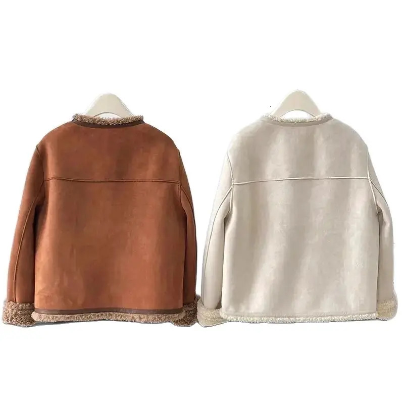 Short Jacket Suede Lamb Fur Women Vintage Autumn Winter Padded Thickened Long Sleeve Outwear Camel Fashion Patchwork Coat 240924