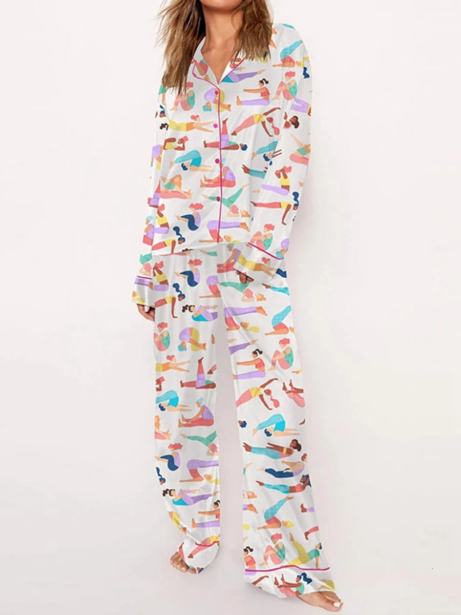 Women Bow Printing 2 Piece Y2k Satin Silk Lounge Outfits Pajamas Set Long Sleeve Button Down Shirt Pants Set Valentines Day 240930