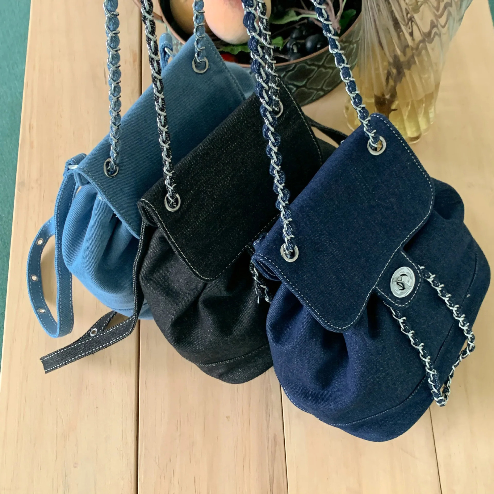 Womens Korean denim casual chain travel backpack 240927 200c