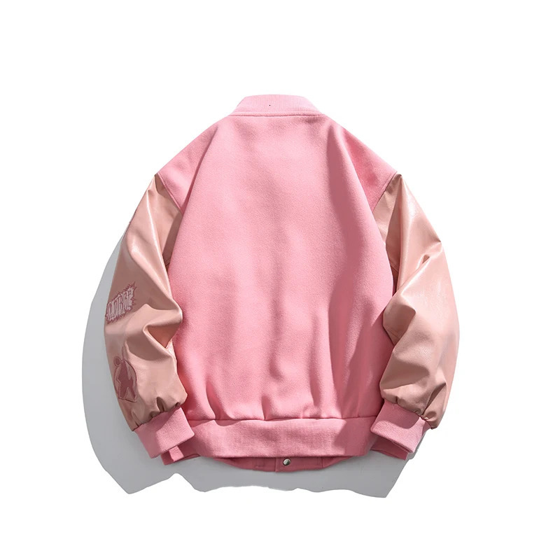 CALESECT Extra Large Pink Leather Baseball Jacket Womens University Retro Jacket Harajuku Street Clothing Mens Clothing 240929